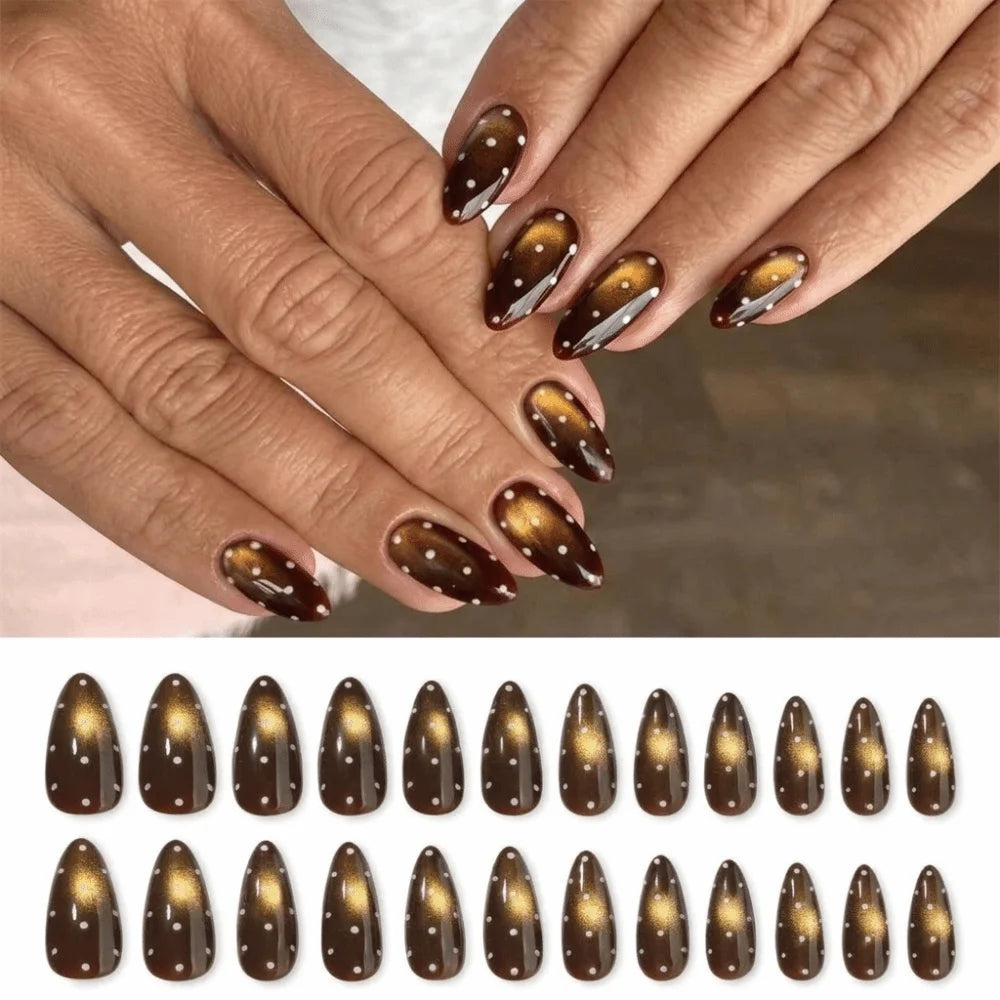Cat Eye Almond Press-On Nails 24pc – Brown Polka Dot