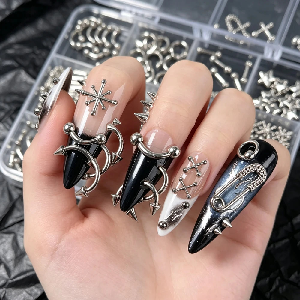 12-Grid Punk Metal Rivet Nail Charms – 3D Stars & Rings Set Nail Art Charms PRIMED