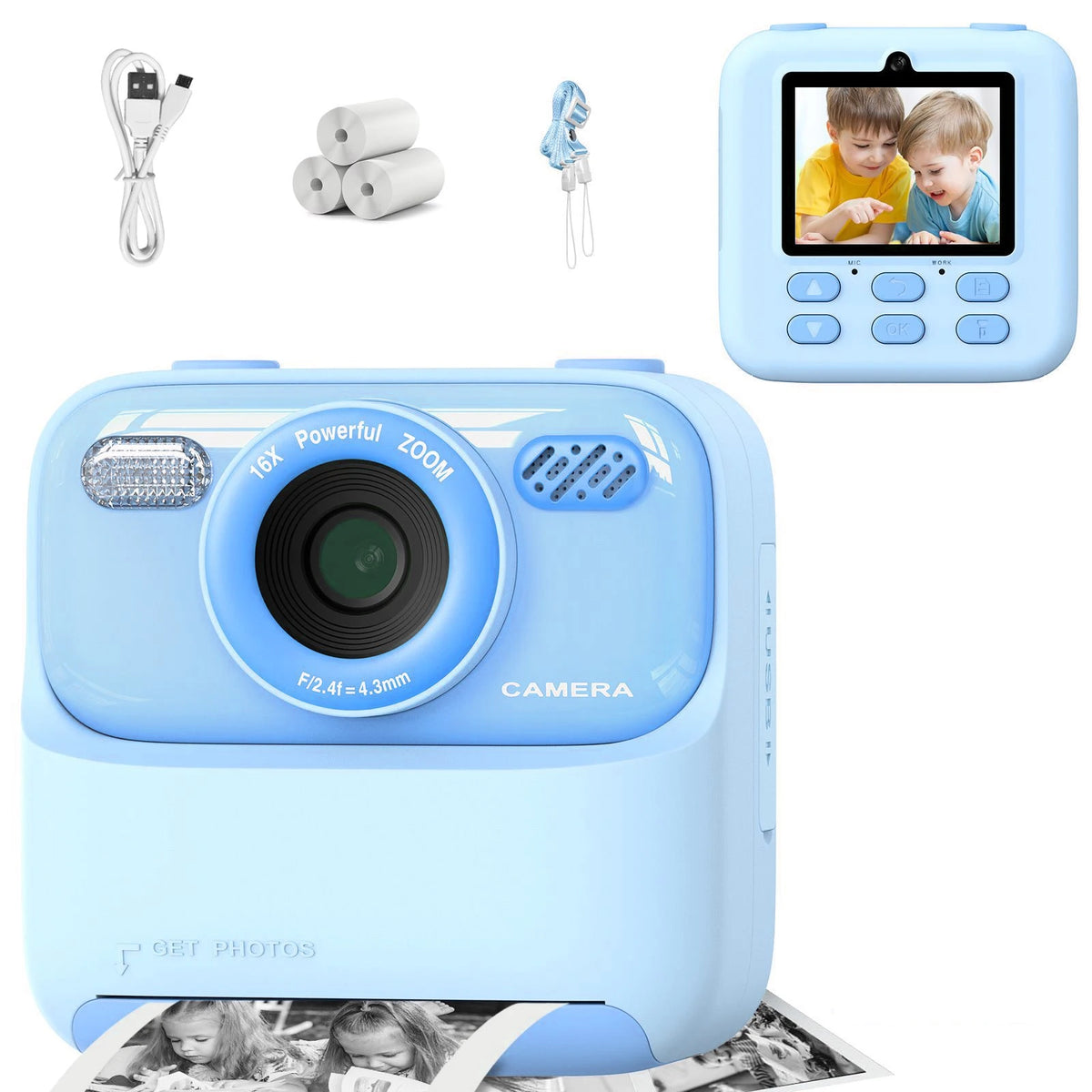 Kids Instant Print Camera 1080P HD | 58mm Thermal, Ages 3–12 Kids Instant Camera PRIMED BL Add 3Rolls