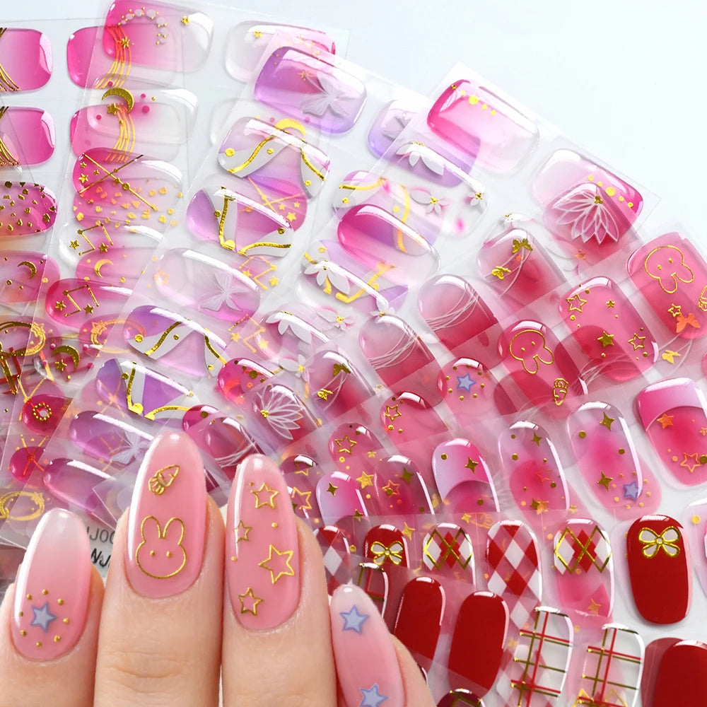 5D Semi-Cured Gel Nail Stickers – Golden Embossed Rabbit Pink Purple Gel Nail Stickers PRIMED