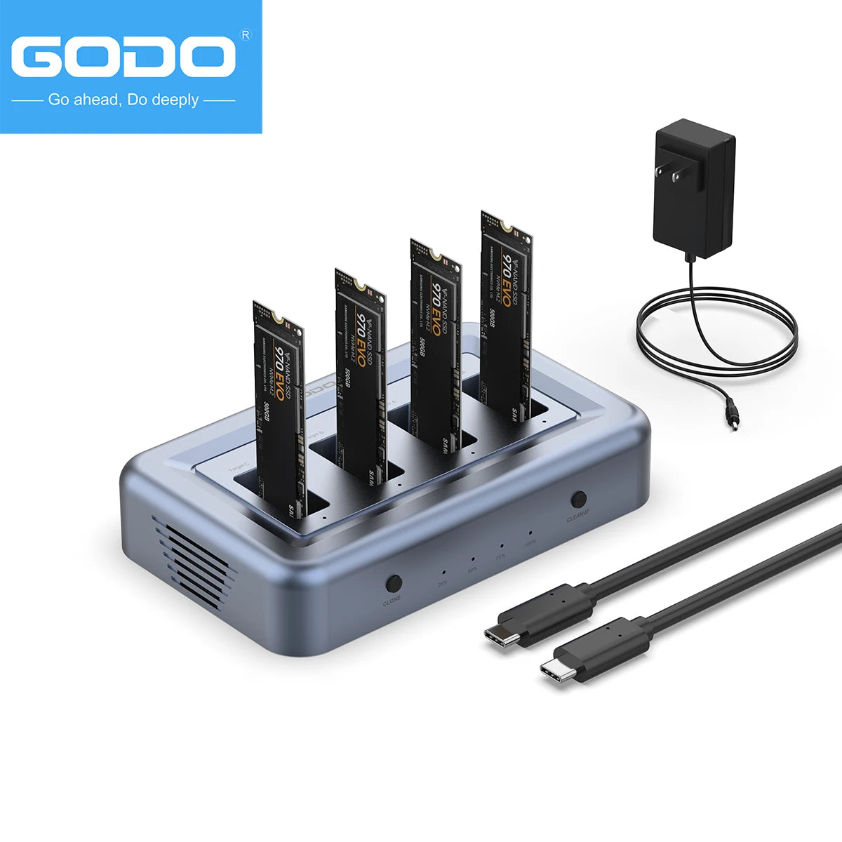 GODO 4-Bay M.2 NVMe SSD Enclosure with Offline Clone Type-C NVMe SSD Docking Station PRIMED GDMSDK401 US Plug M.2 NVMe