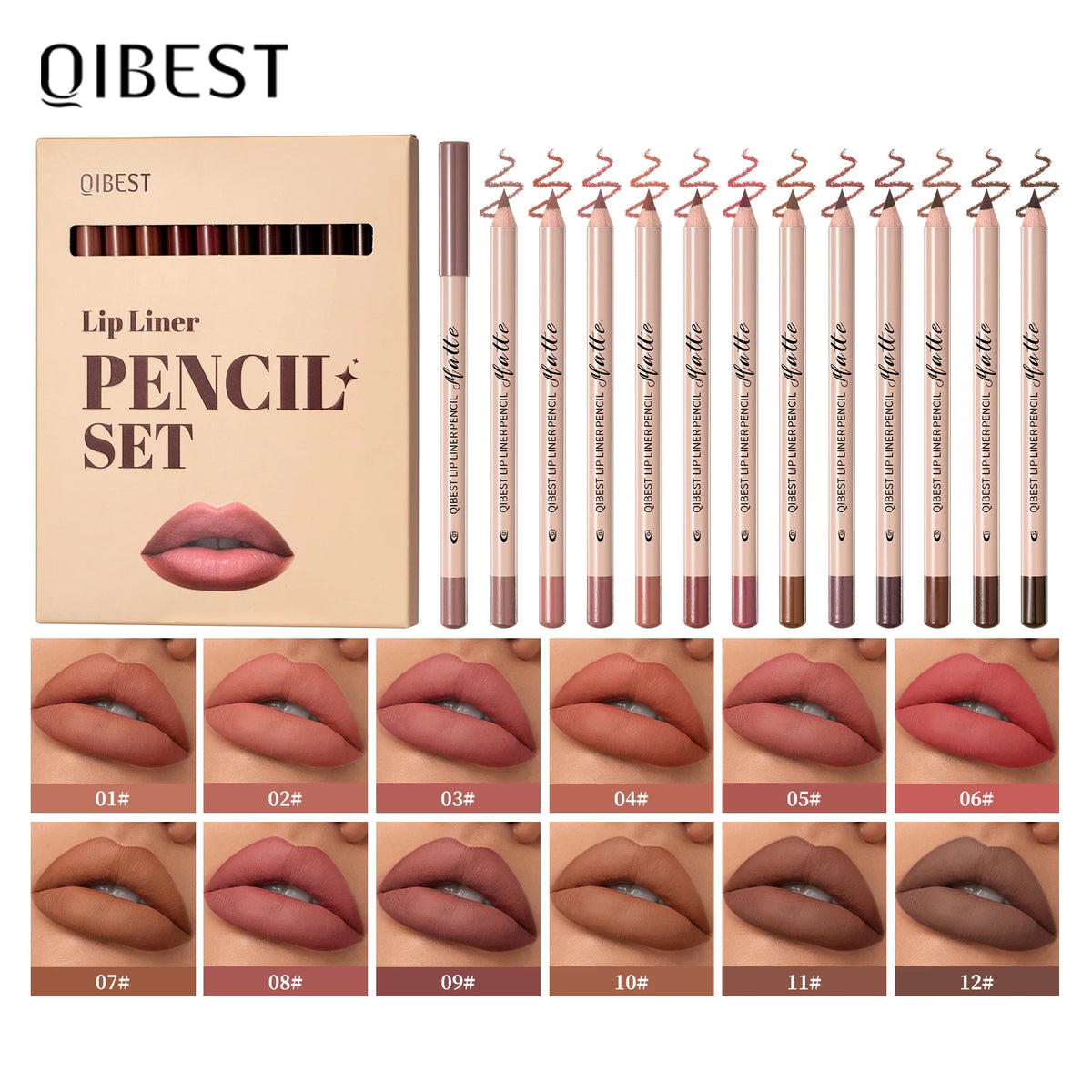 QiBest 12-Color Matte Lip Liner Set – Waterproof Nude Pencils Lip Liner Set PRIMED 12pcs set