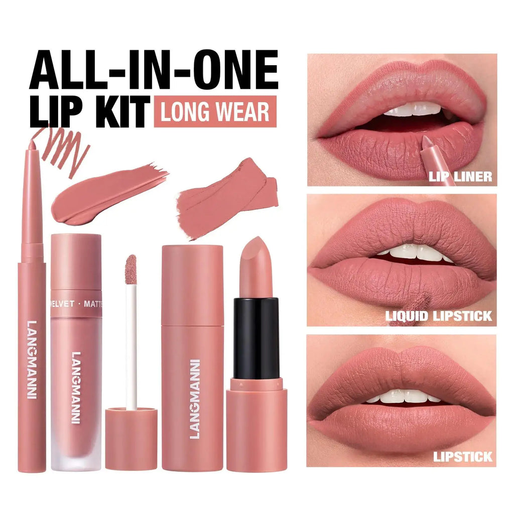 LANGMANNI 3-Piece Matte Lipstick & Lip Liner Kit – Long Wear Lip Makeup Kit PRIMED