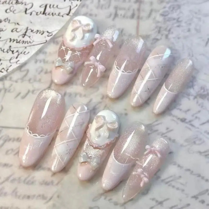 Ballet Pink Press-On Nails – Bow, Lace & Glitter Coffin Set