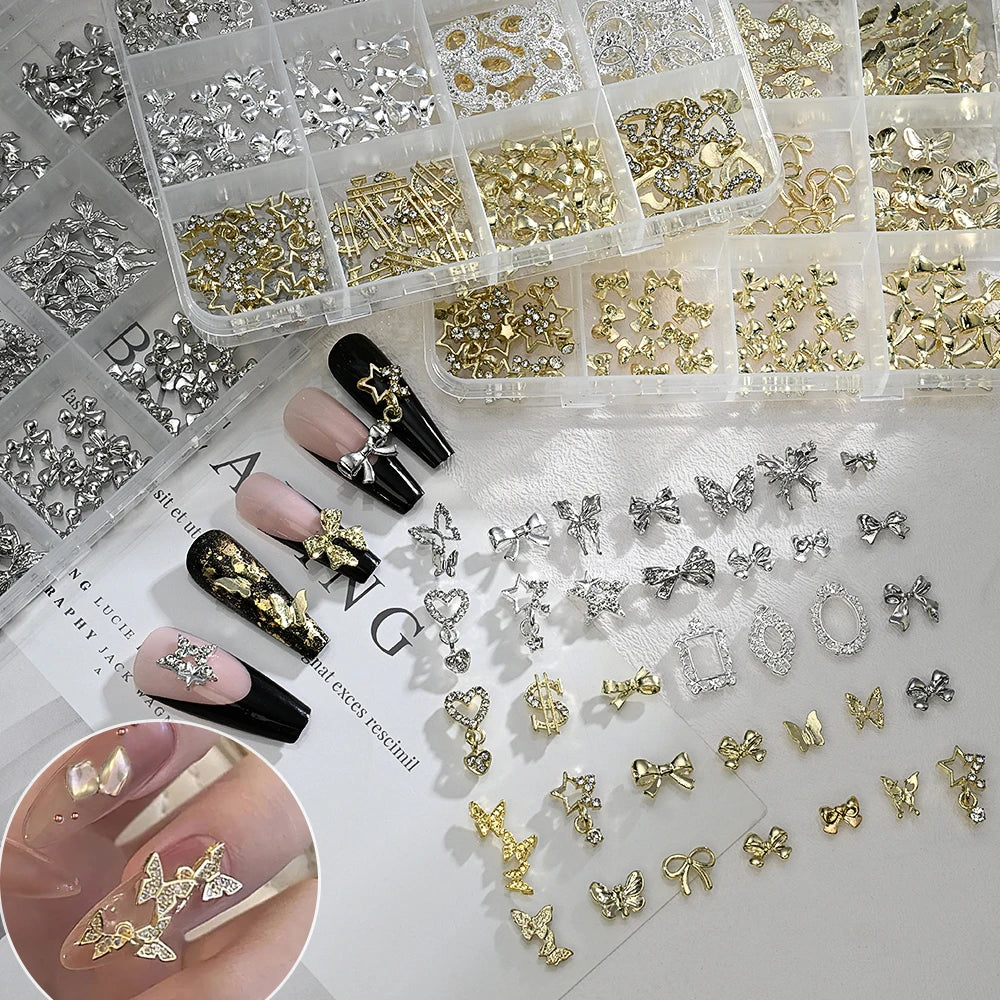 120Pcs 3D Nail Charms – Bows, Butterflies & Star Frames Nail Art Charms PRIMED