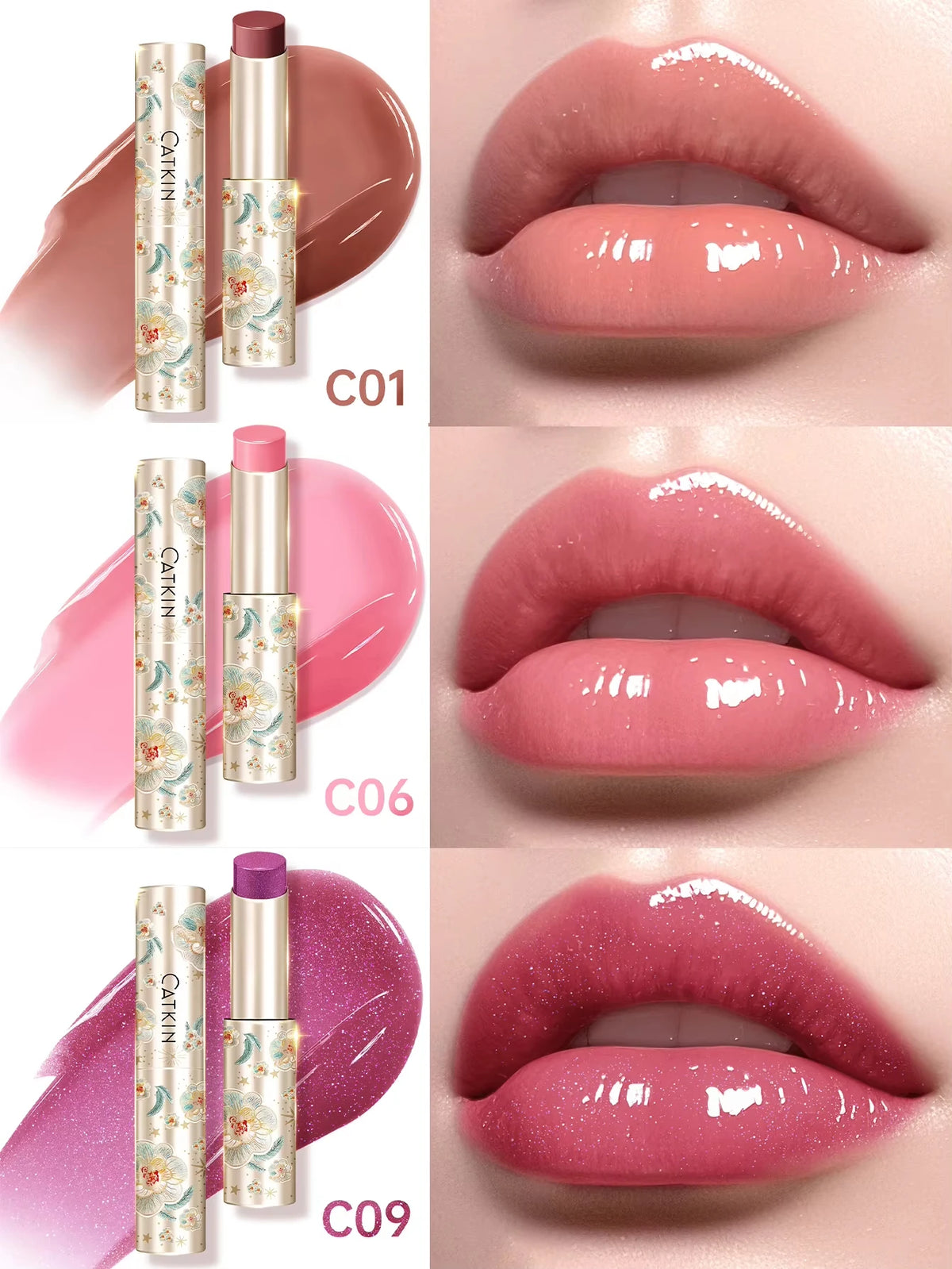CATKIN 3PCS Glossy Lip Balm Set | Mirror Shine 12H Hydration Lip Balm Set PRIMED C01 C06 C09