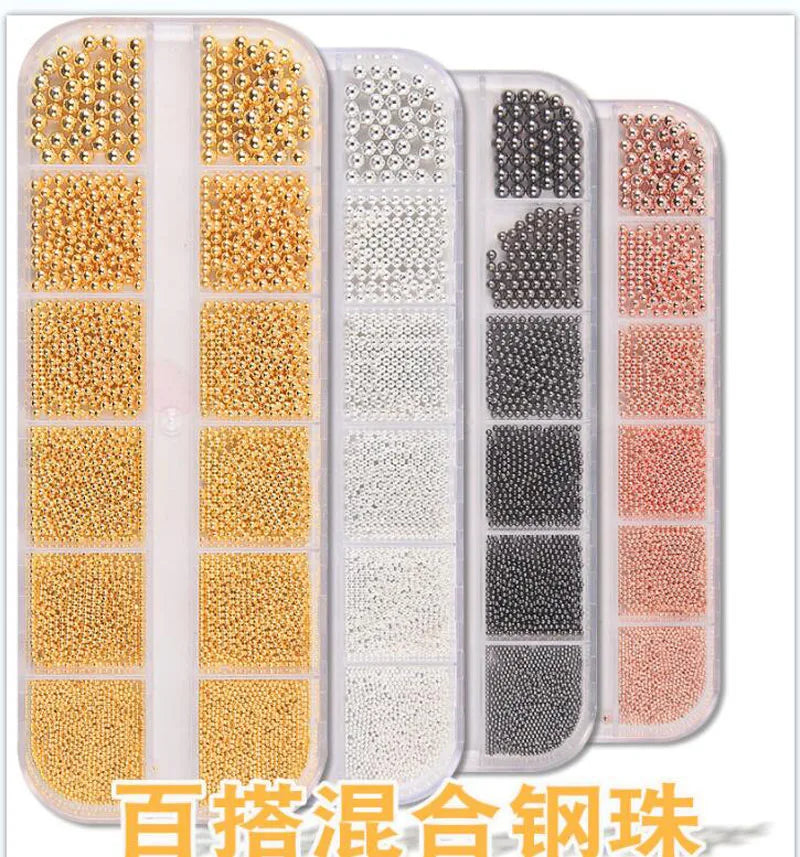 Nail Art Metal Round Beads 0.8–3.0mm Gold Silver | 12-Grid Box Nail Art Beads PRIMED