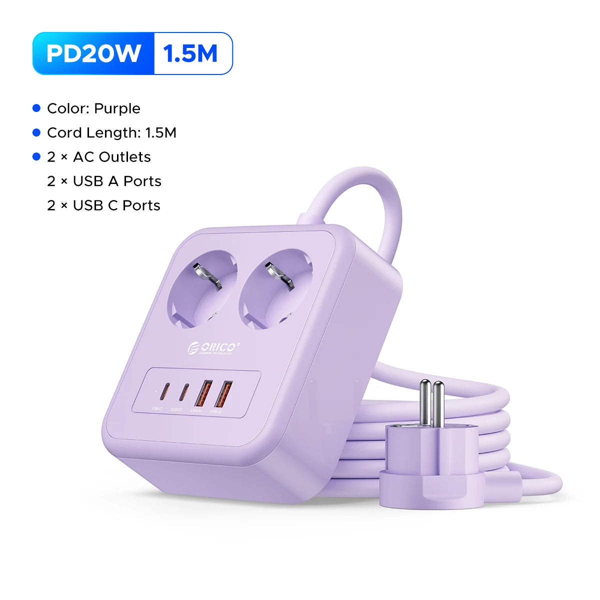 ORICO Desktop Power Strip PD20W USB-C USB-A EU Plug Charging Station Desktop Power Strip PRIMED 1.5M 2A2U2C Purple China Mainland EU Plug