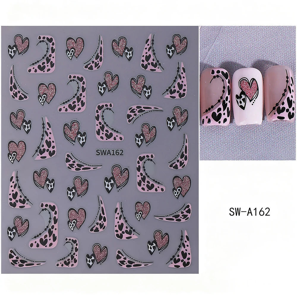 Retro Leopard Heart Glitter Nail Art Stickers | French Design