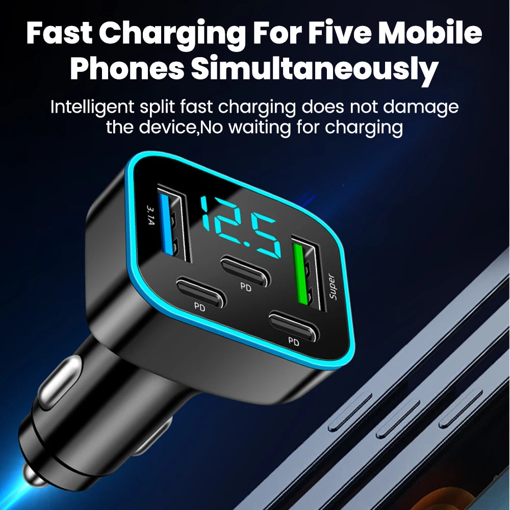 Elough 5-Port 27W USB Car Charger – 2USB+3Type-C Fast Charge