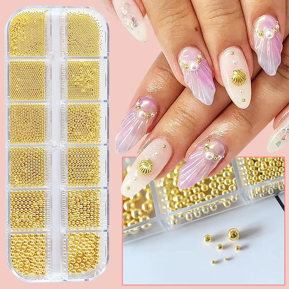 Nail Art Metal Round Beads 0.8–3.0mm Gold Silver | 12-Grid Box Nail Art Beads PRIMED