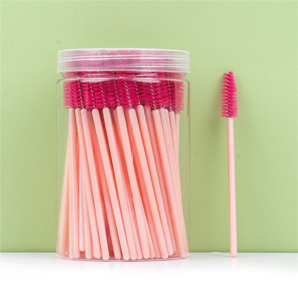 100 Pcs Spoolie Brushes – Eyelash Extension Makeup Tools Spoolie Brush Set PRIMED pink rose
