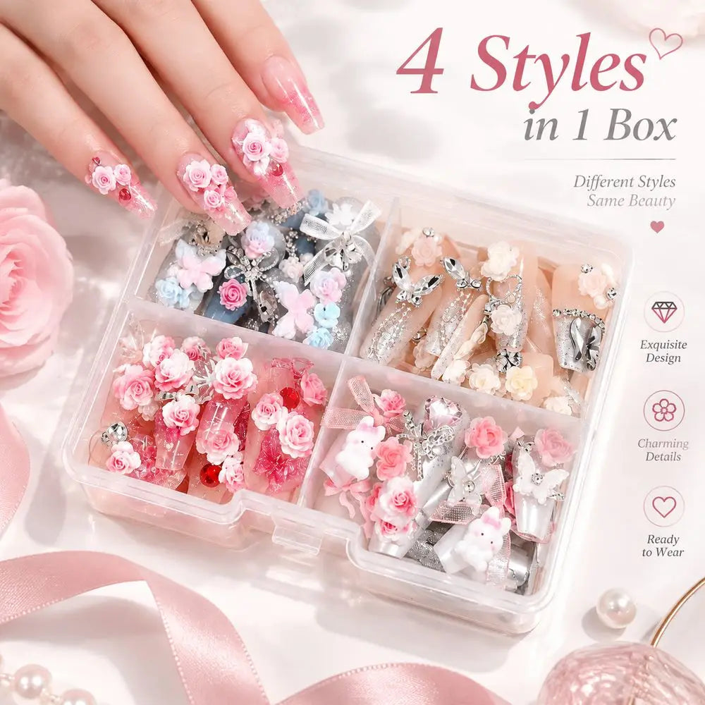 96Pcs Press-On Nails | Coffin 3D Floral Bunny Bow Crystal Decor
