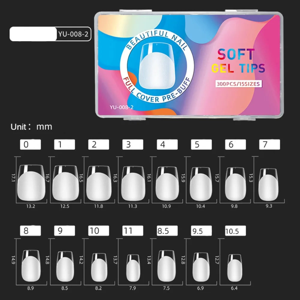 300pcs Short Almond Soft Gel Nail Tips | 15 Sizes Full Cover