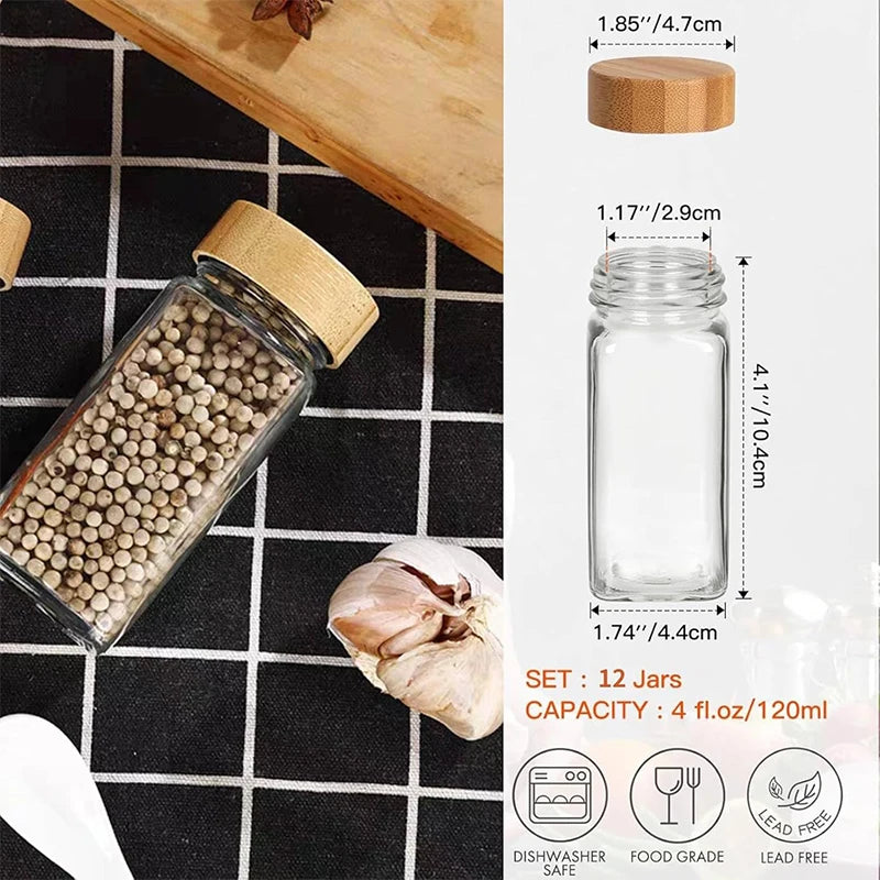 12-Piece 4oz Glass Spice Jars with Labels – Square Set Glass Spice Jar Set PRIMED