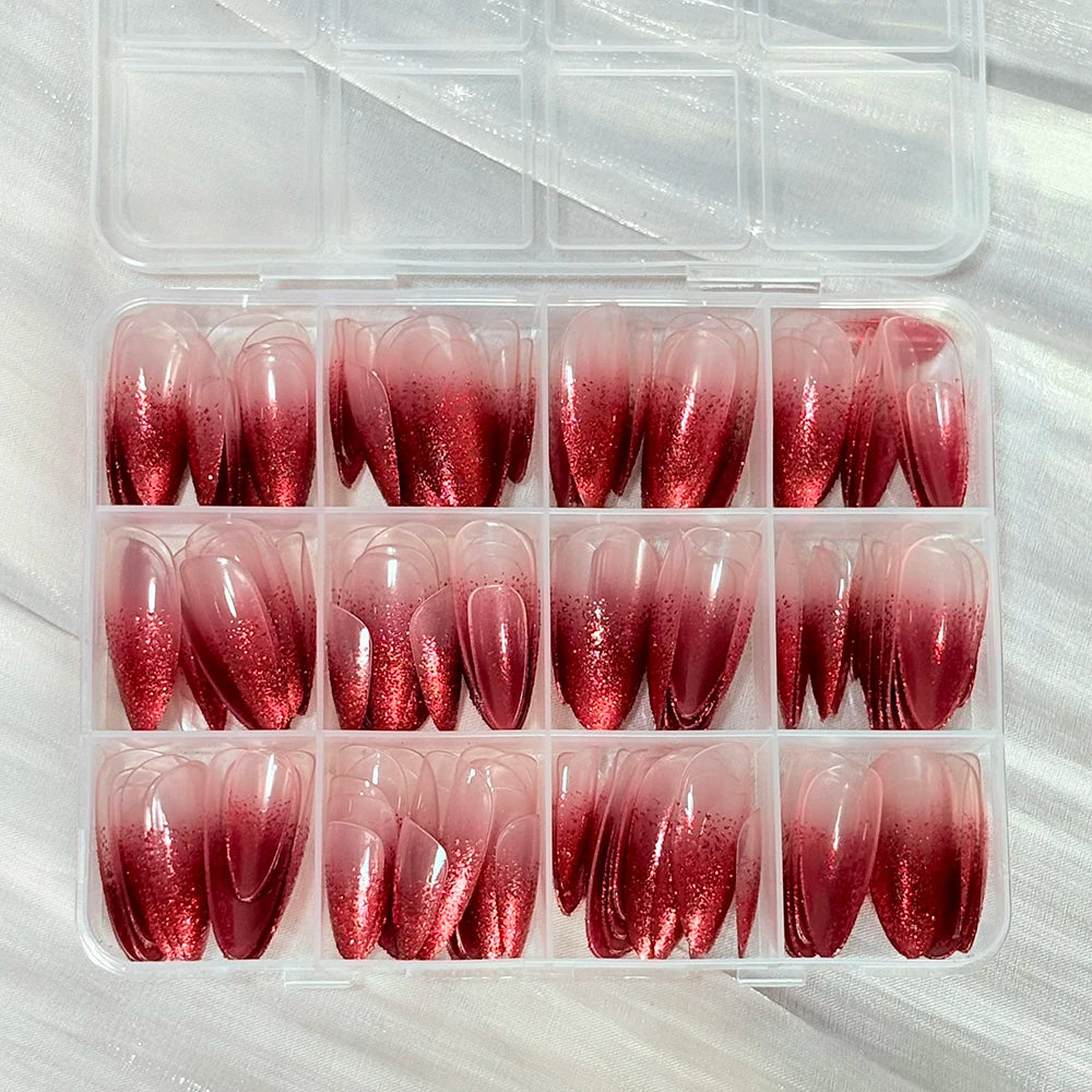 144Pcs Red Glitter Gradient Press On Nails – Wine Red French Tips