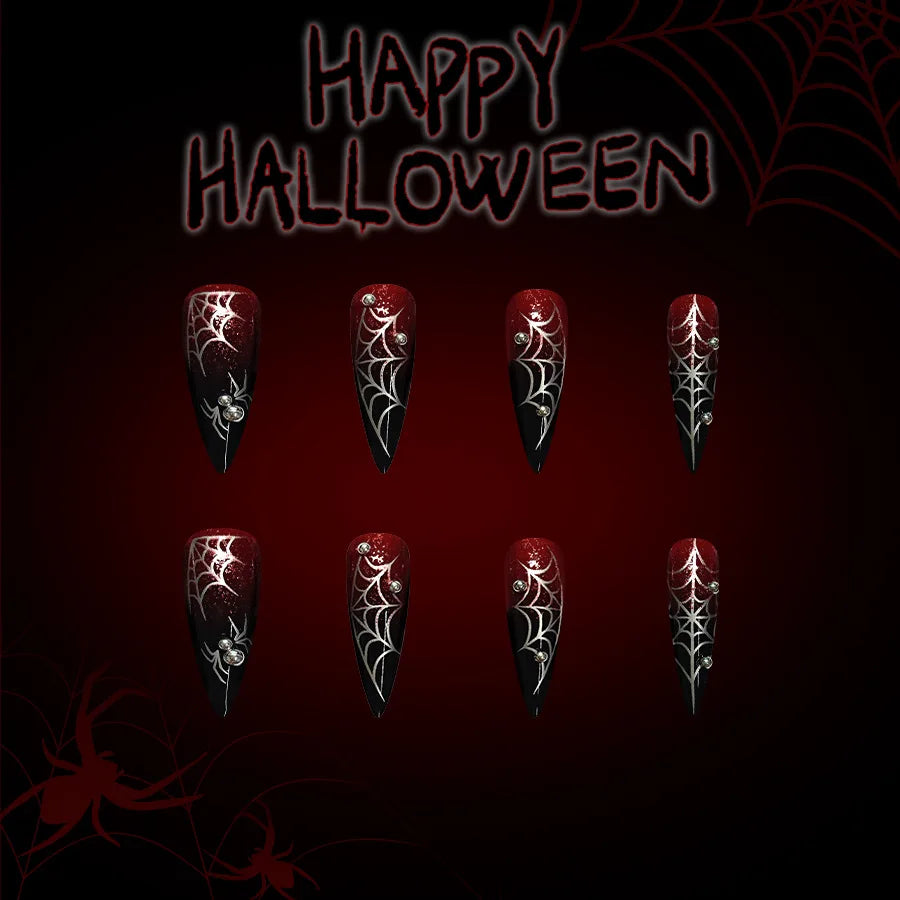 Halloween Spider Web Press-On Nails Dark Red Long Tips 24 Pcs Press-On Nails PRIMED