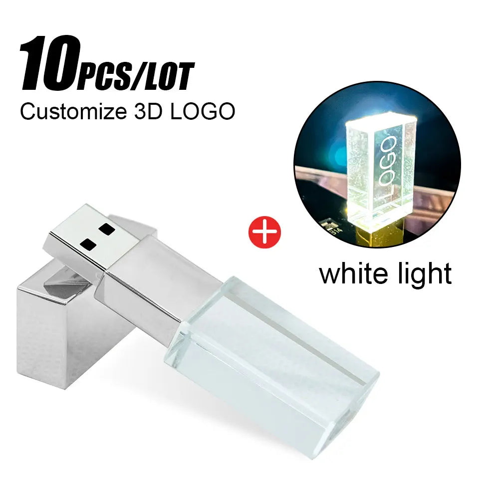 10-Pack Crystal USB 2.0 Flash Drive LED Light 4GB–128GB Logo USB Flash Drive PRIMED 32 GB Silver-White