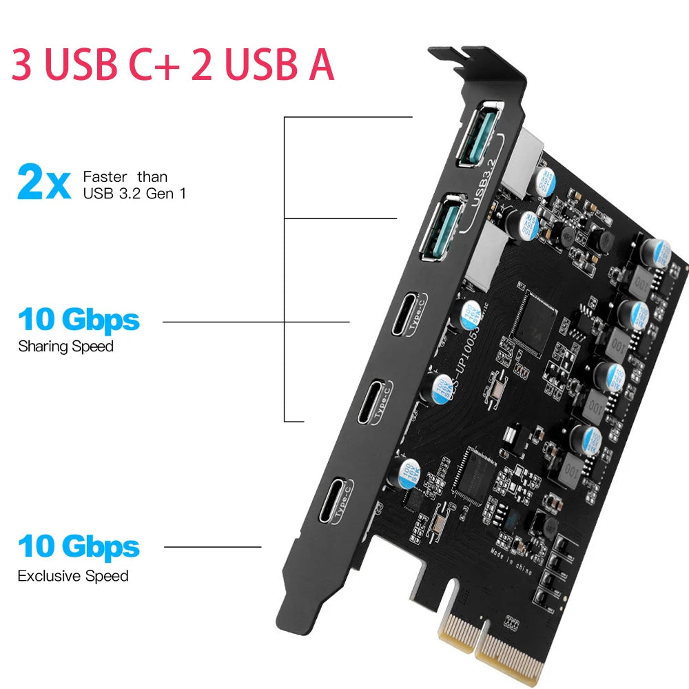 USB 3.2 Gen 2 PCIe x4 Card – 3x USB-A & 2x USB-C | 10Gbps USB Expansion Card PRIMED PCIe4X USB3.2 3C2U