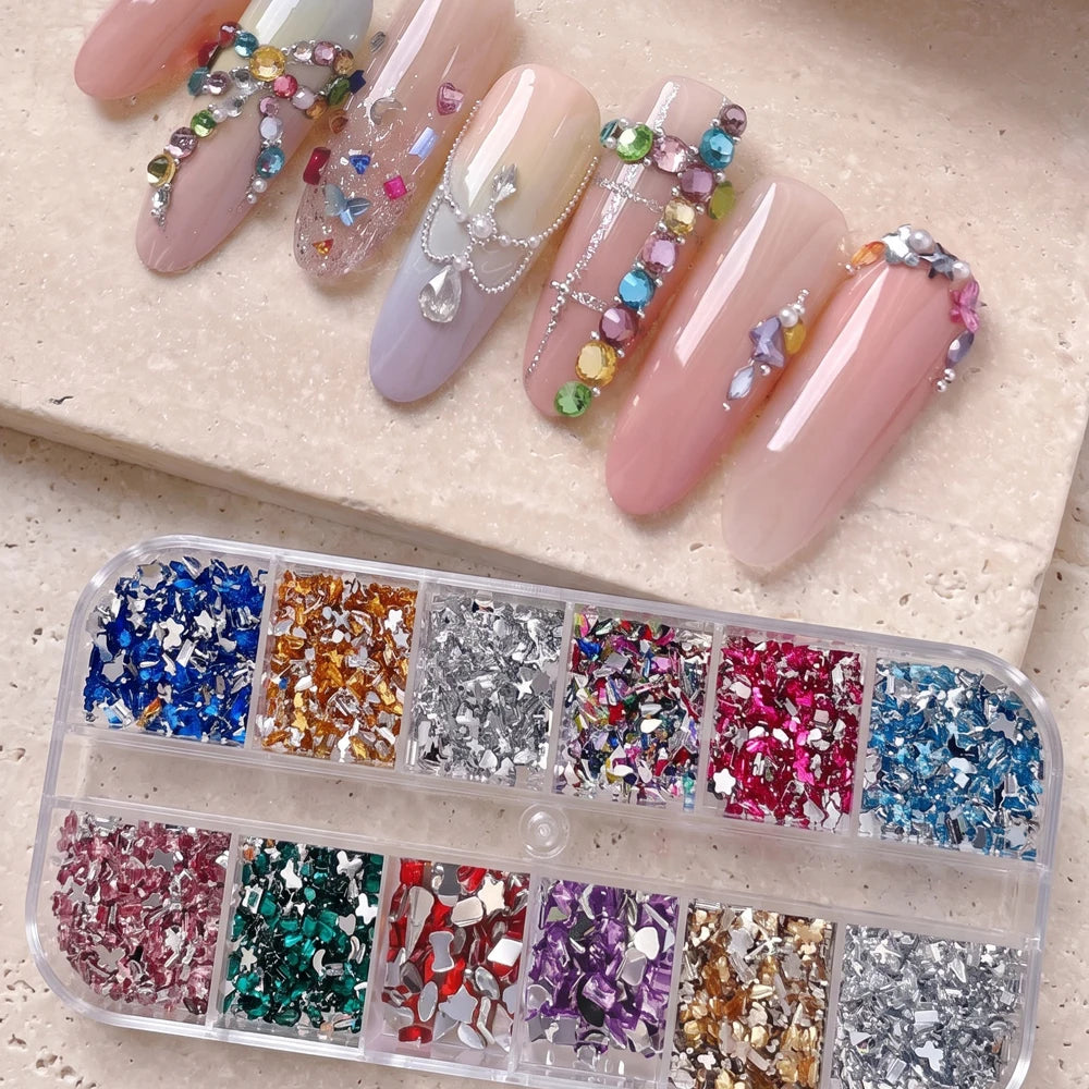 12-Grid 3D Nail Rhinestones – Iridescent Flower & Heart Gems Nail Art Rhinestones PRIMED