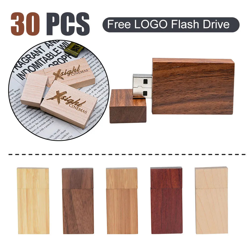 30-Pack Custom Logo Wooden USB Flash Drives 32/64/128GB USB Flash Drive PRIMED