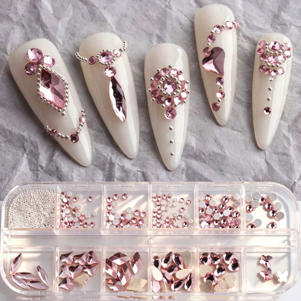 12-Grid 3D Nail Rhinestones – Iridescent Flower & Heart Gems Nail Art Rhinestones PRIMED
