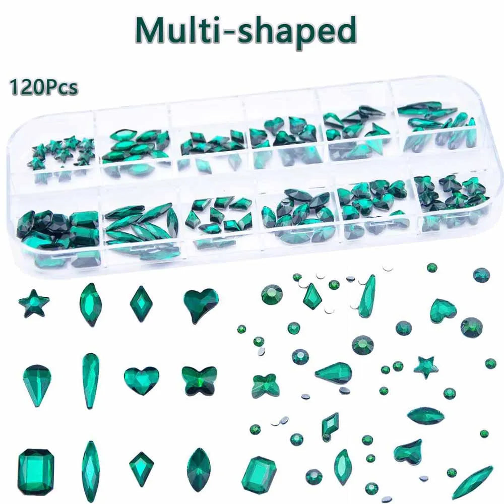 3D Retro Green Nail Rhinestones – 12-Grid Mixed Shapes Set Nail Art Rhinestones PRIMED