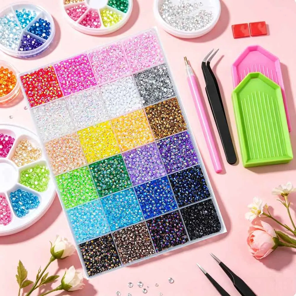 24-Grid AB Jelly Rhinestone Nail Charms – Colorful Flat Bottom Nail Art Rhinestones PRIMED