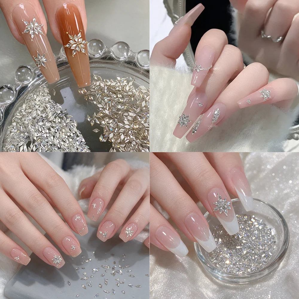 Rhombus Zircon Snowflake Nail Crystals 100Pcs – White & Champagne