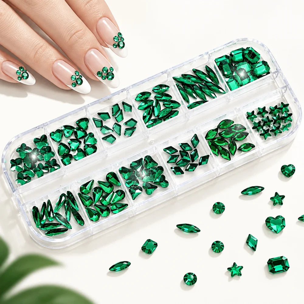 Emerald Green Flatback Nail Crystals – Multi Shape Gem Kit 2-Box