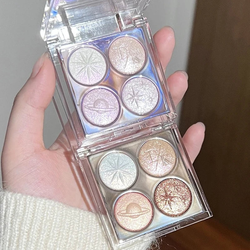 Glitter Shimmer Eyeshadow Palette – 4 Colors Pink Brown Highlighter Eyeshadow Palette PRIMED