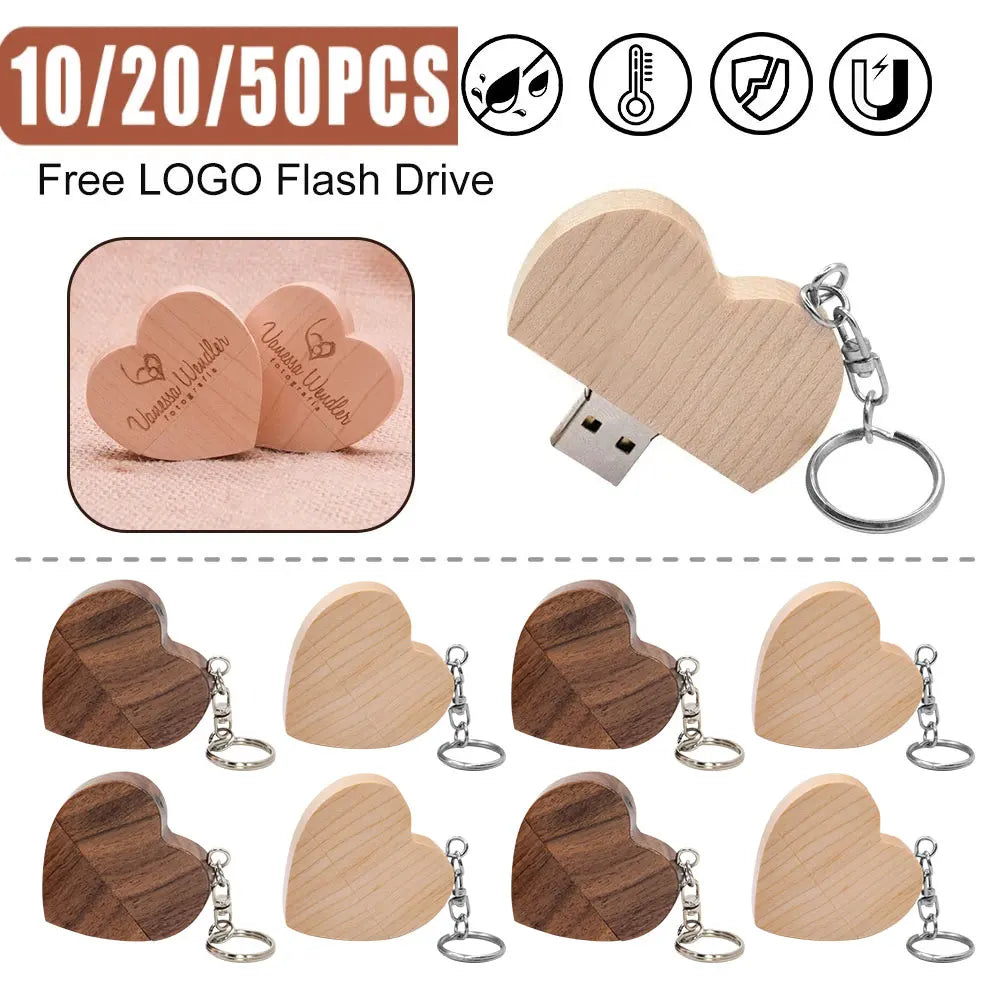 Wooden Heart USB Flash Drive | Custom Logo Wedding Gift 4–64GB USB Flash Drive PRIMED