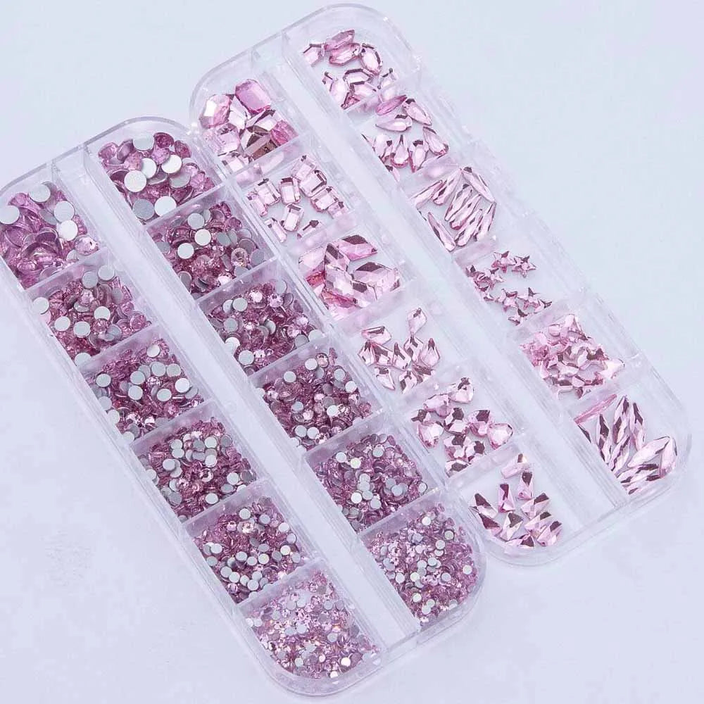12-Grid Pink Mirror Nail Rhinestones – Mixed Crystal Art Set Nail Art Rhinestones PRIMED