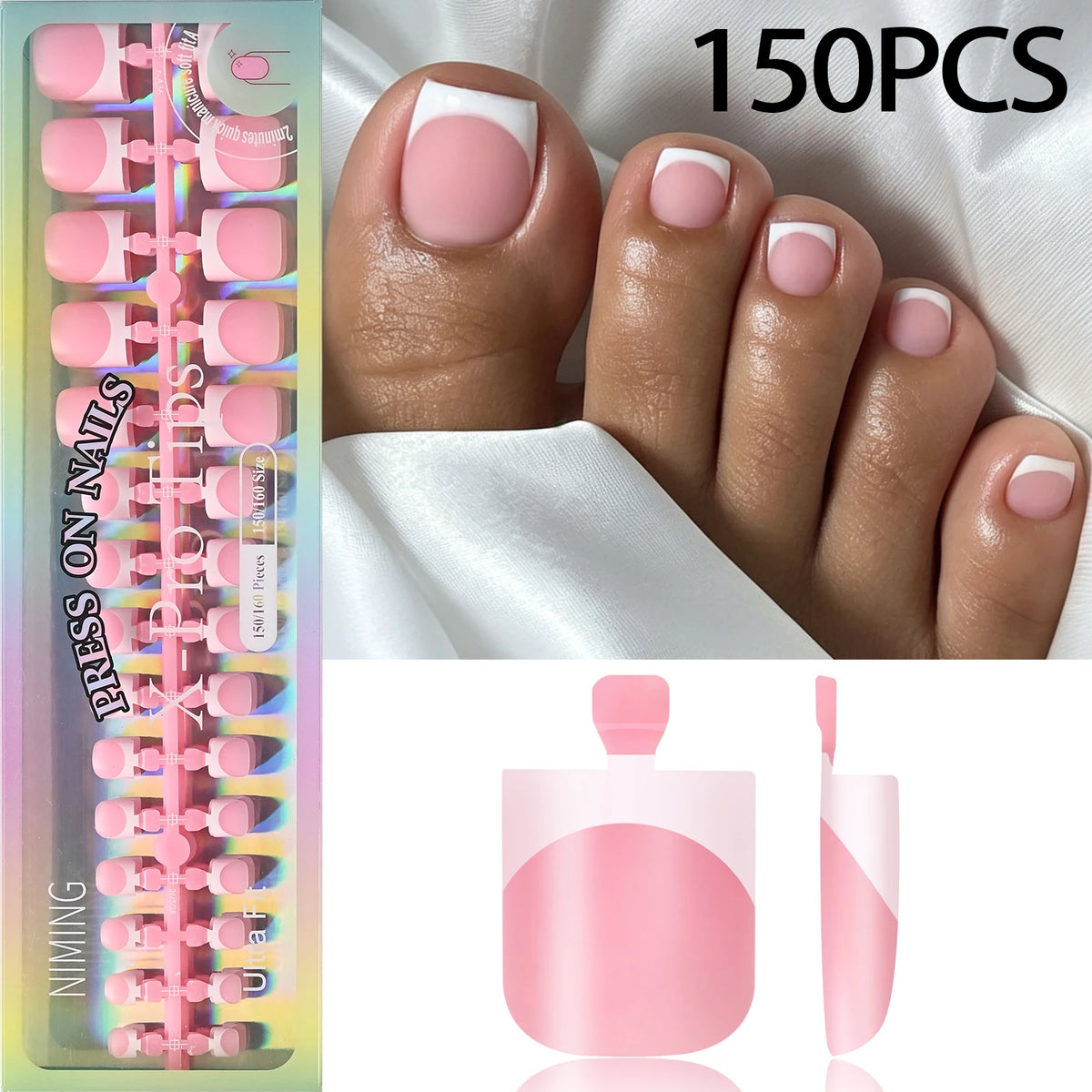 150Pcs Press-On Toenails French Square Tips – Grey & White