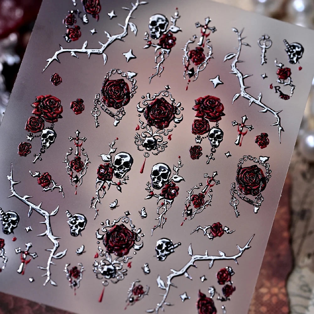 Punk Rose Skull Nail Art Stickers – 3D Hot Stamp Decals