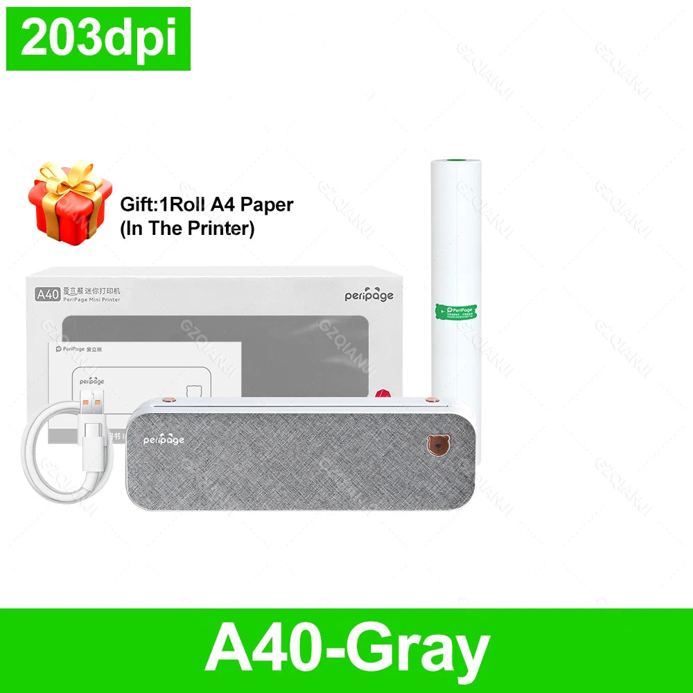 PeriPage A40 Portable A4 Bluetooth Thermal Printer + Case Portable Thermal Printer PRIMED 203Gray Printer