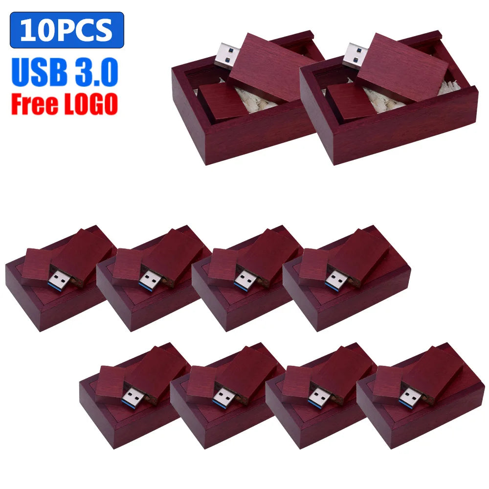 10-Pack Bamboo USB 3.0 Flash Drives | Free Custom Logo Engraved Custom USB Flash Drive PRIMED 4GB Red wood with box