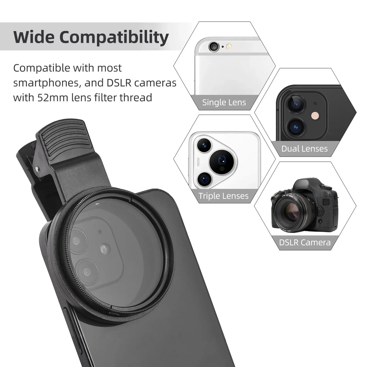 52mm CPL Polarizer Filter – Universal Clip for Phone & DSLR Camera Lens Filter PRIMED