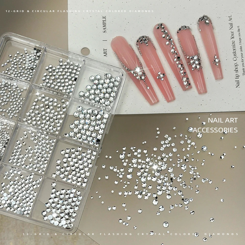 12-Grid Mixed AB Crystal Nail Rhinestones & Glitter Gems Set Nail Art Rhinestones PRIMED