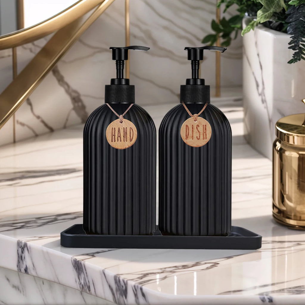 2-Pack Black Soap Dispensers & Silicone Tray – 500ml Refillable Soap Dispenser Set PRIMED