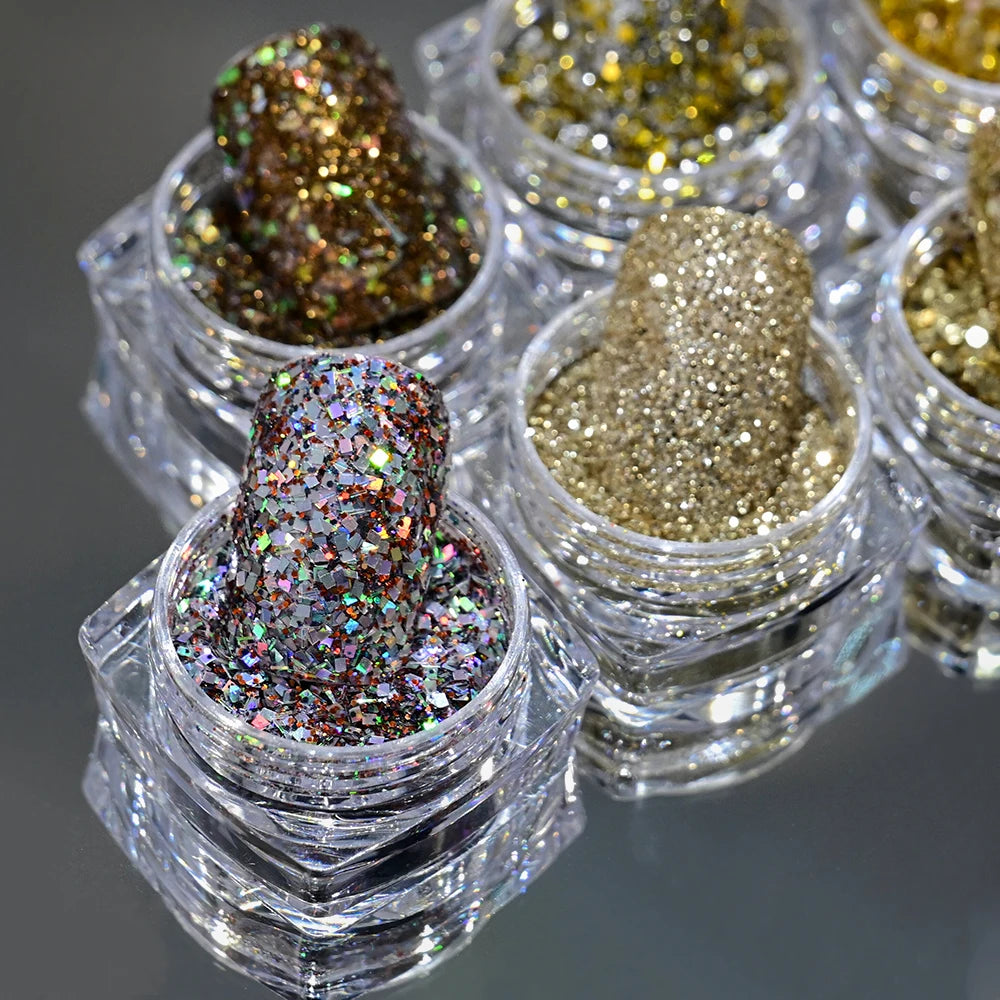 Holographic Nail Glitter Powder Set – 6 Jars Silver & Gold