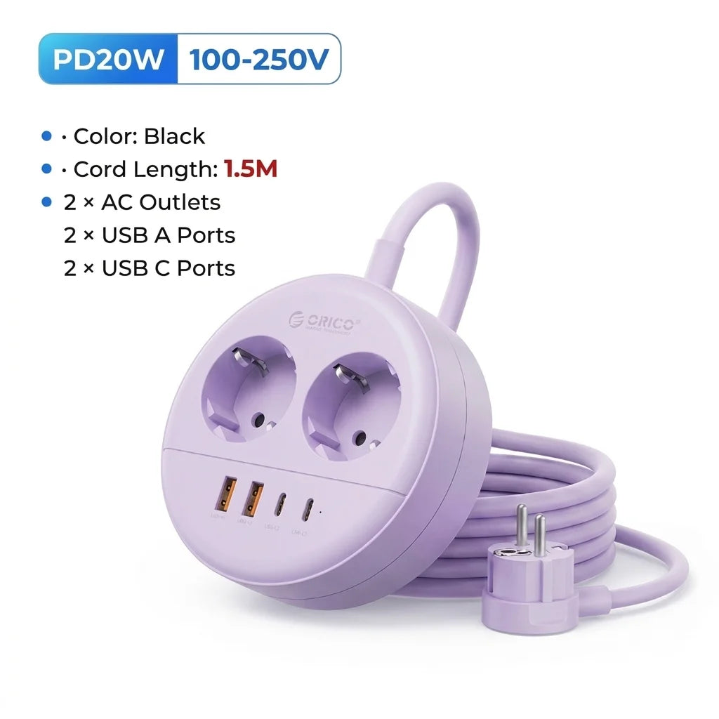 ORICO Desktop Round Power Strip PD20W USB-C USB-A EU Plug Desktop Power Strip PRIMED 1.5M 2A2U2C Purple China Mainland EU Plug