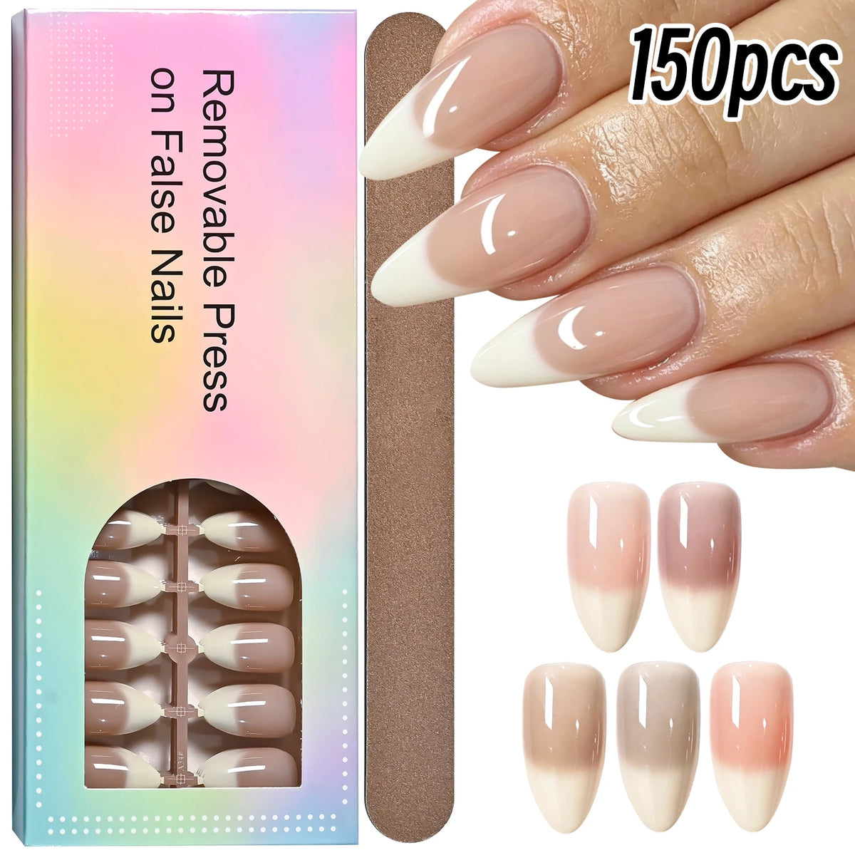 150Pcs French Pink Press On Nails – Long Almond Resin Tips