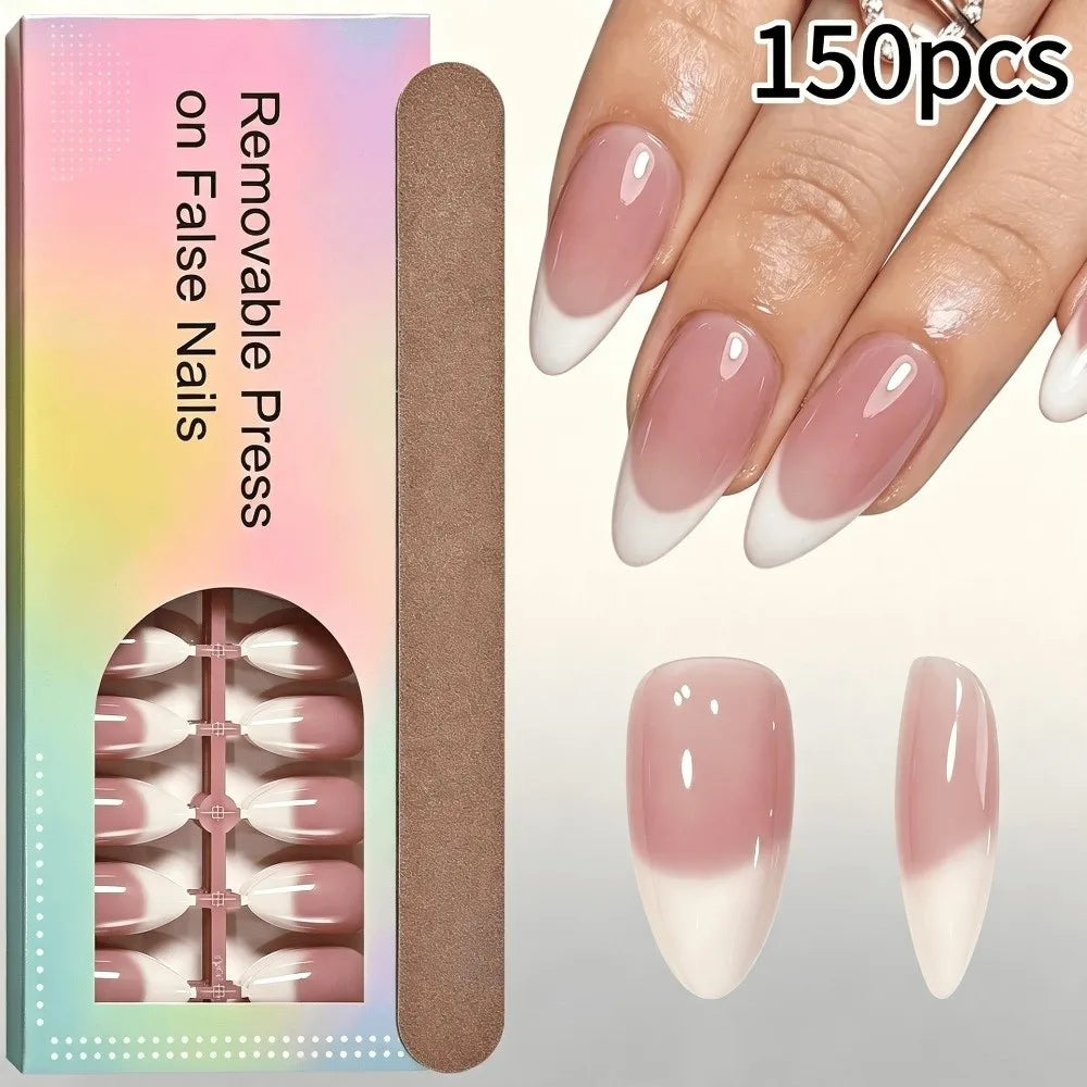 150 Pcs Press On Nails Glossy Almond French Gradient Fake Nails