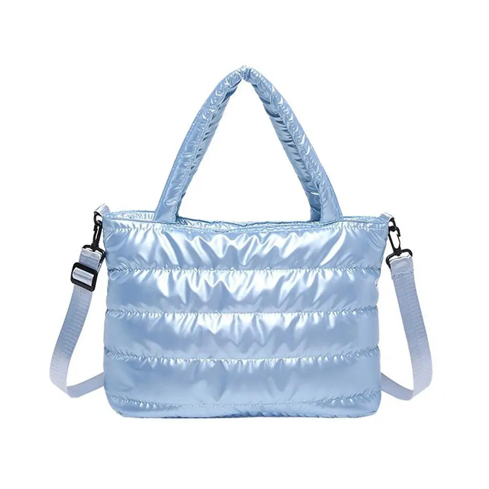 Women's Quilted Puffer Tote Bag – Shiny PU Crossbody Handbag Puffer Tote Bag PRIMED Blue