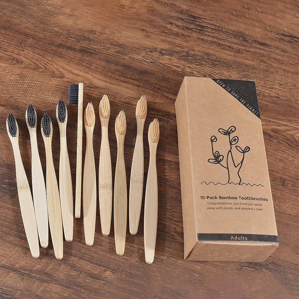 10-Pack Bamboo Toothbrush – BPA Free Soft Charcoal Bristles