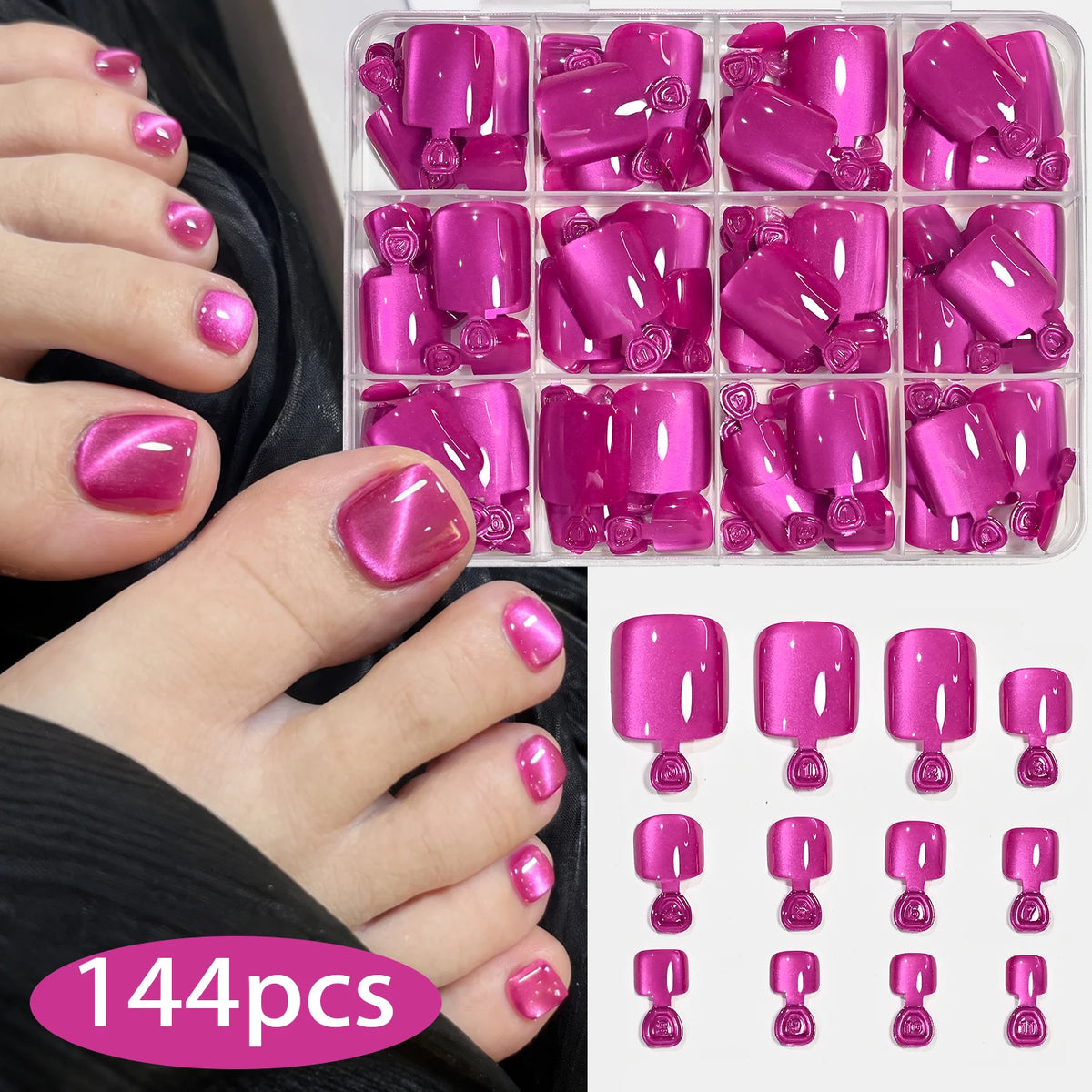 144Pcs Rose Red Cat Eye Press-On Toenails | Short Square Tips