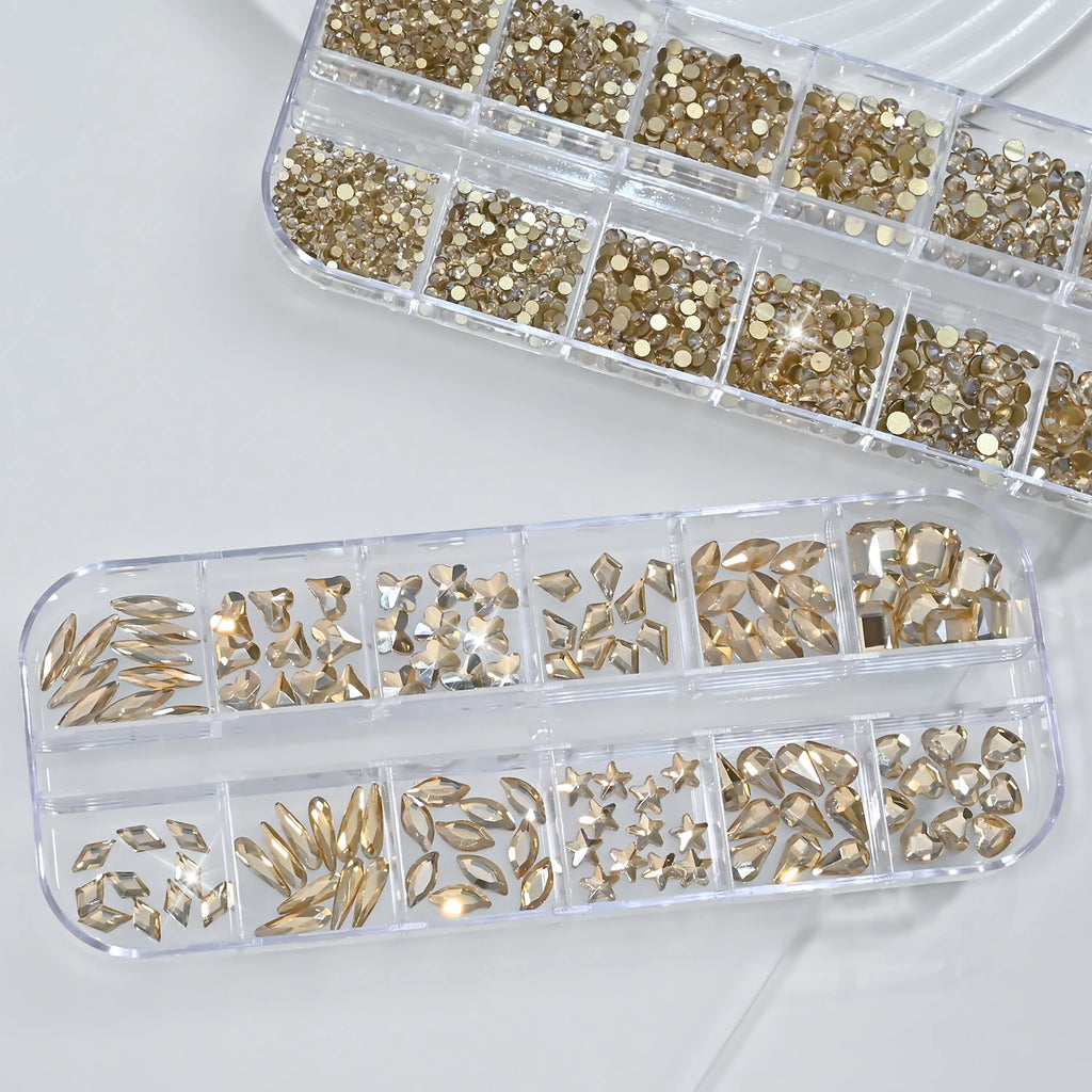 Champagne Gold Nail Art Rhinestones 2-Box Mixed Shapes Zircon