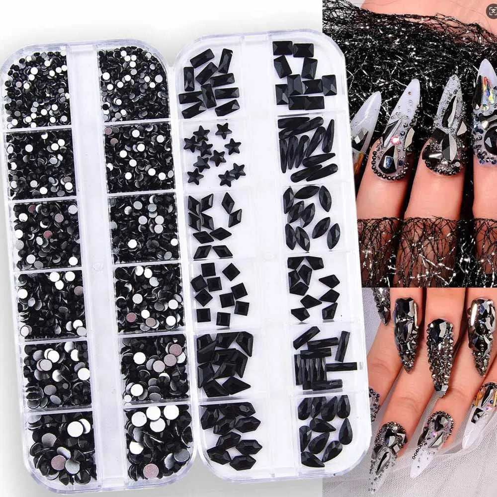 12-Grid 3D Black Nail Rhinestones – Mixed Crystal Shapes Set Nail Art Rhinestones PRIMED