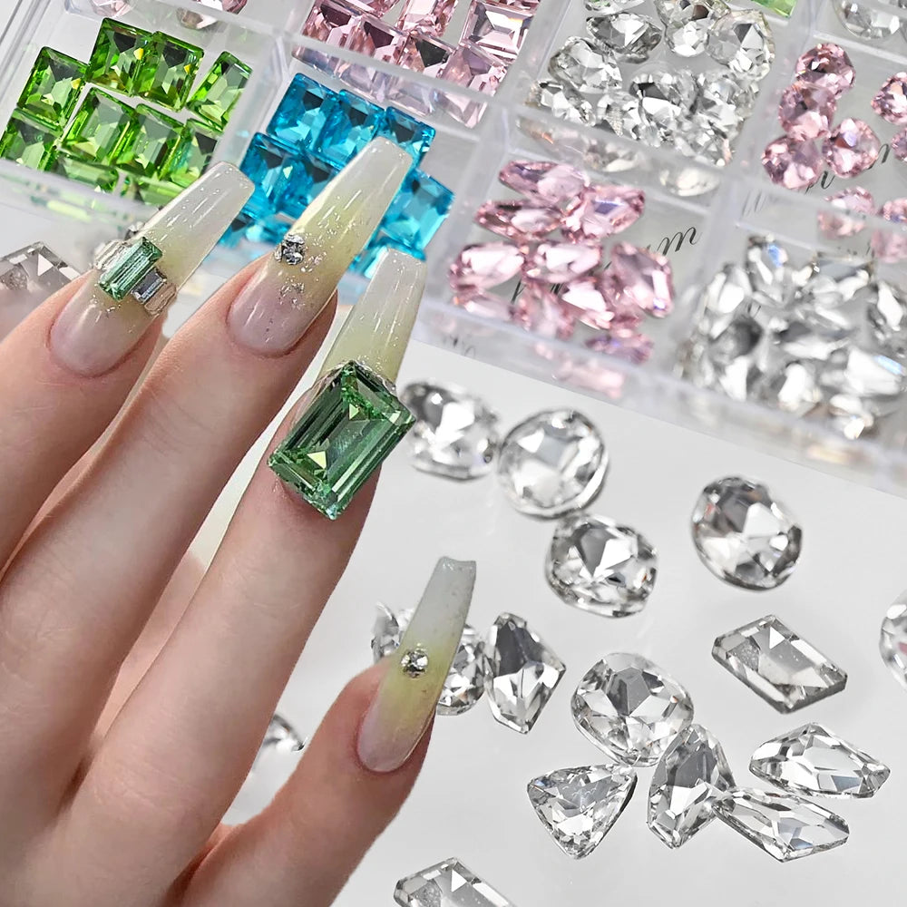 15-Grid Mixed Nail Rhinestones – 3D Glass Crystals Combo Box Nail Rhinestone Set PRIMED